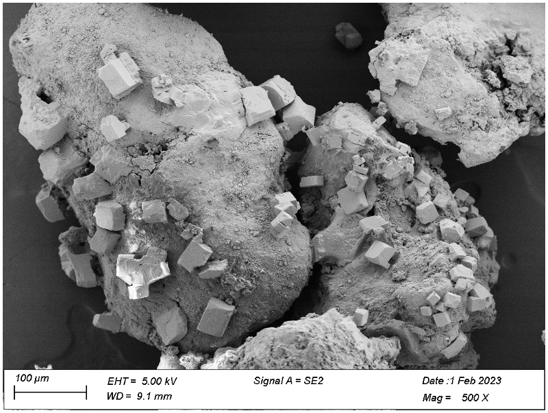 Figure-1-high-res-image-granular-sample-H-and-M-Analytical Figure 1 - High resolution image of a granular sample showing a cubic crystal growth on the surface. EDS maps show these cubes to be comprised of Na and Cl allowing us to positively identify them as Halite.